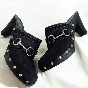 Coach Sutton Black Canvas Classic C‎ Logo Silver Hardware Wooden Clog Heels 9.5